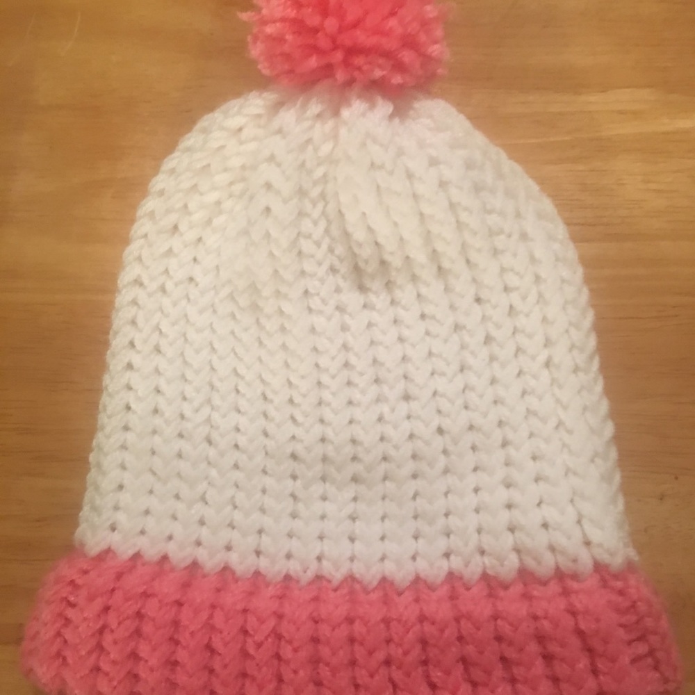 Homemade pink and white knit hat